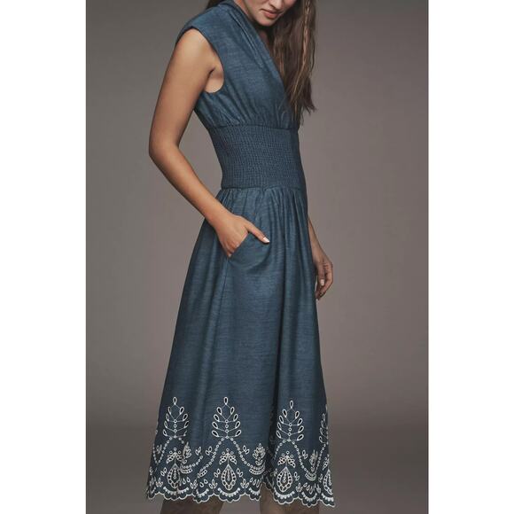 by ANTHROPOLOGIE sz L The Tommie cap sleeve zip dress eyelet edition in denim - Picture 3 of 5